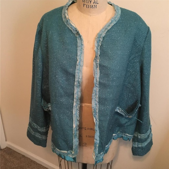 Aqua Blue & Silver Ruffle Trimmed Jacket - Picture 2 of 8